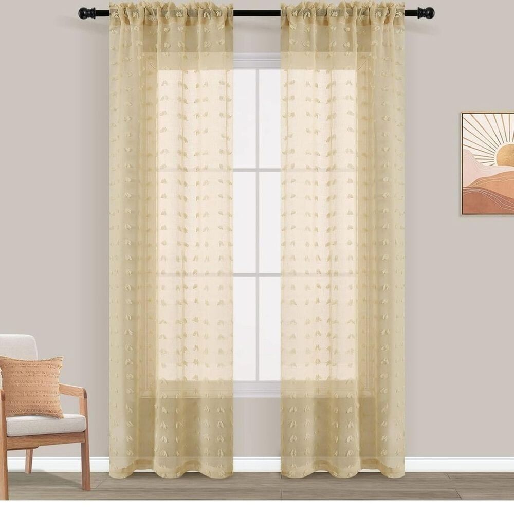 38x84 Light Filtering Tufted Semi Sheer Curtains Boho Farmhouse Beige 2 Panels